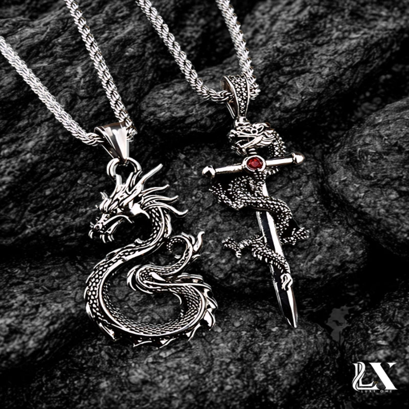 Men's Dragon Sword and Clawless Pendant Necklace